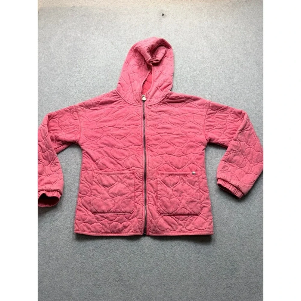 Lucky Brand Girls Pink Quilted Heart Full Zip Hoodie Jacket Clover Charm Size L